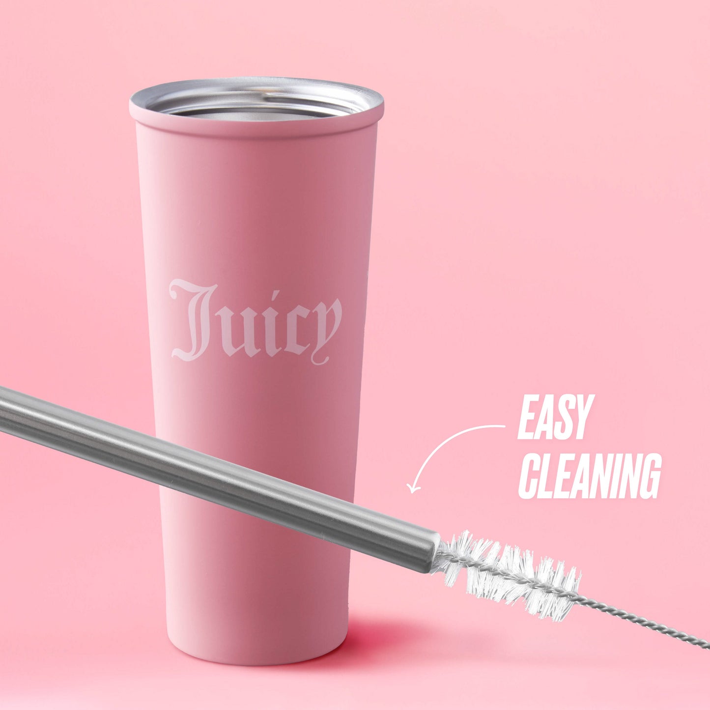 The Couture Hydration Stainless Steel Tumbler Cup 6-Piece Set features a pink tumbler with "Juicy" and includes a metal straw and cleaning brush. An arrow points to the brush with "EASY CLEANING," showing how to clean this stylish set.