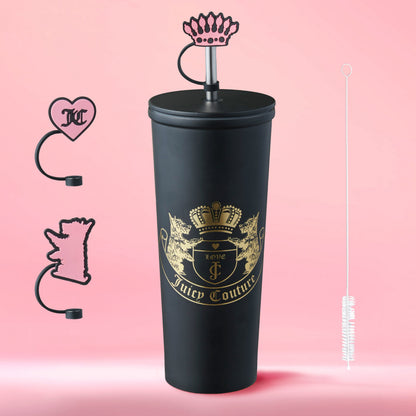 The Couture Hydration Stainless Steel Tumbler Cup 6-Piece Set includes a black tumbler with gold crest logo, pink crown straw topper, 3 chic bag hooks, and a white cleaning brush—perfect for stylish sipping.