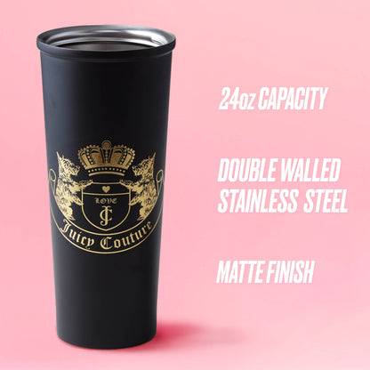 A Couture Hydration Stainless Steel Tumbler Cup from the 6-Piece Set in black, featuring a gold crest logo and matte finish, stands on a pink background. Beside it: 24oz capacity and double-walled stainless steel construction.