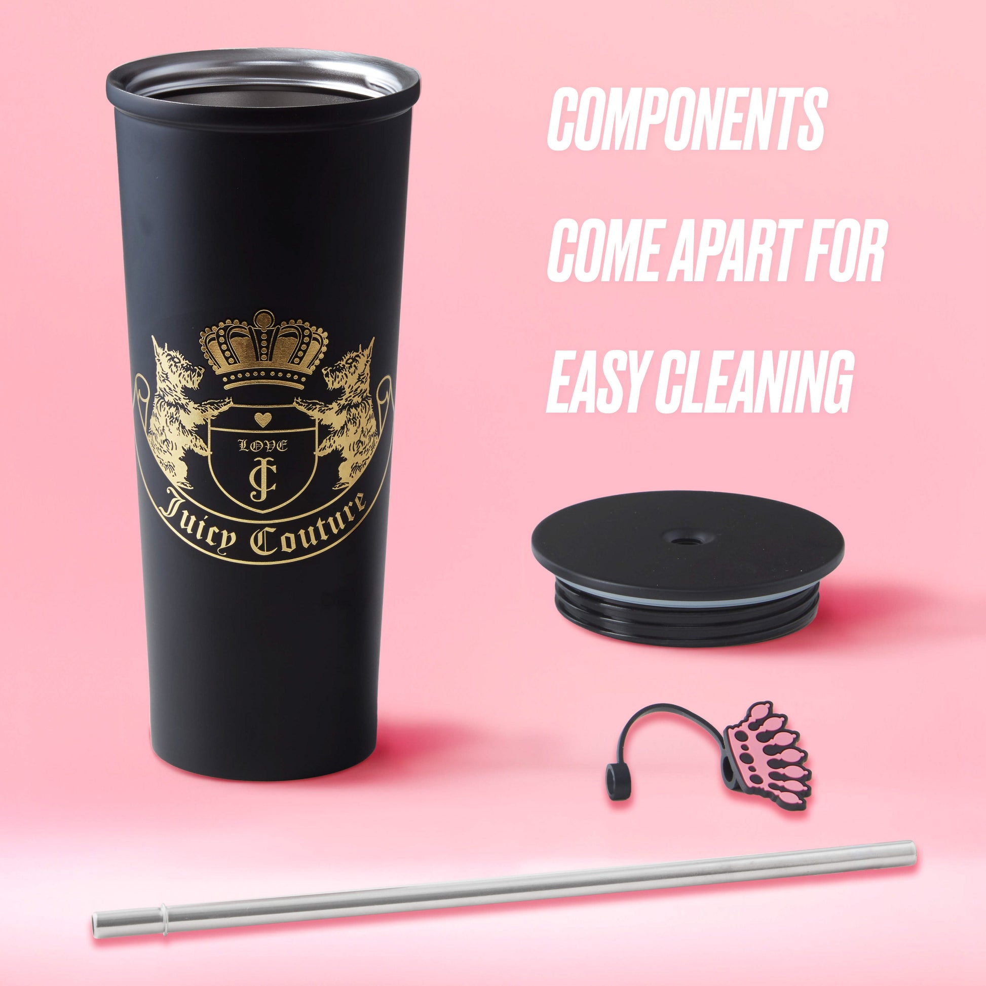 A disassembled black Couture Hydration Stainless Steel Tumbler Cup 6-Piece Set with gold logo—lid, straw, and cleaning tool—is displayed on a pink background. Text: All parts separate for effortless cleaning.