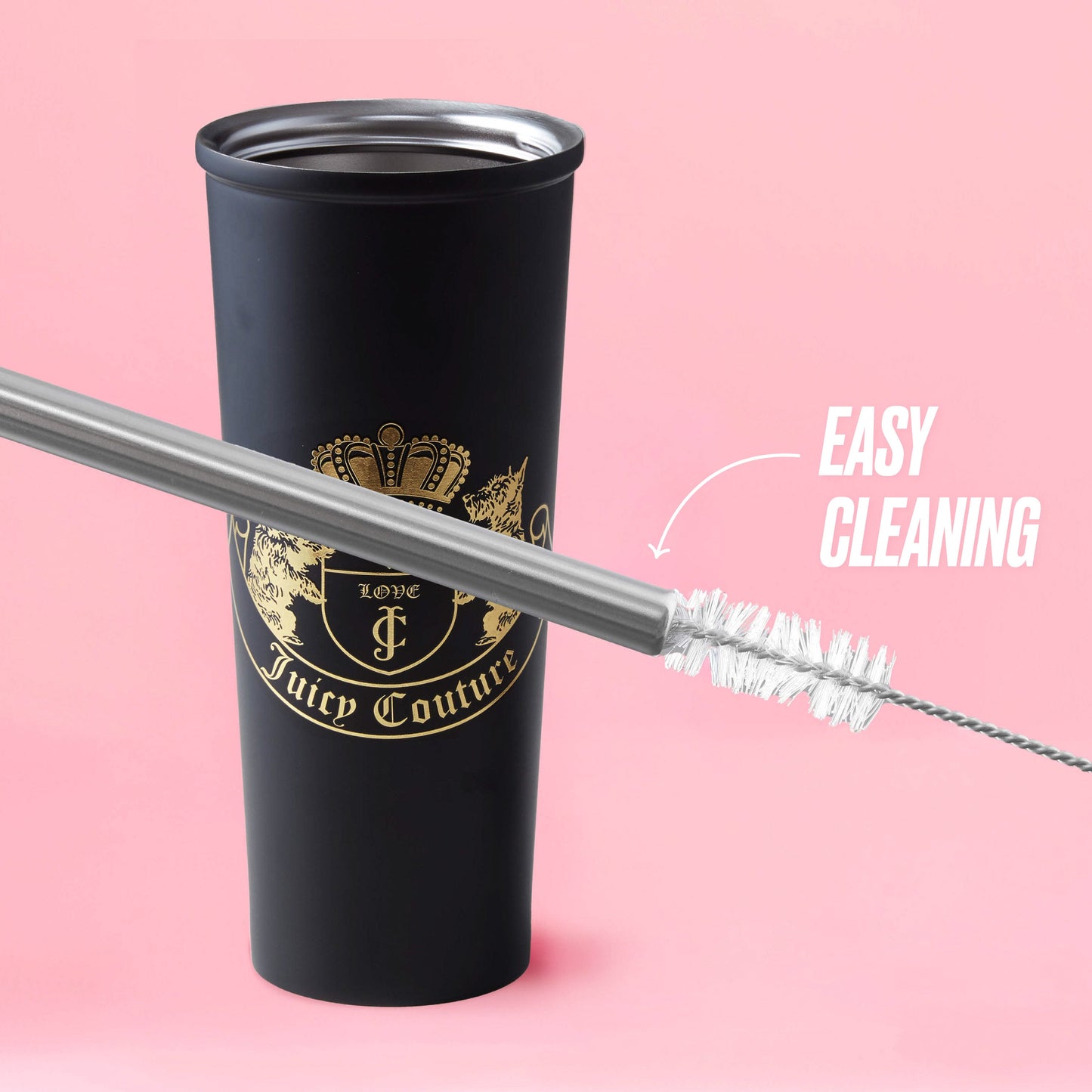 A black Couture Hydration Stainless Steel Tumbler Cup from the 6-piece set stands on a pink background, with a metal cleaning brush inserted. “EASY CLEANING” appears next to an arrow pointing toward the brush.