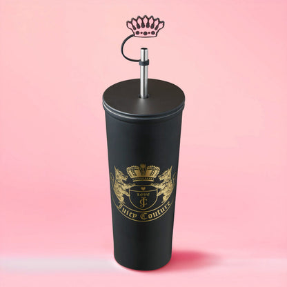 The Couture Hydration Stainless Steel Tumbler Cup 6-Piece Set features tall black tumblers with gold accents, silver straws, and crown-shaped tops—stylish and perfect for gifting against a soft pink backdrop.