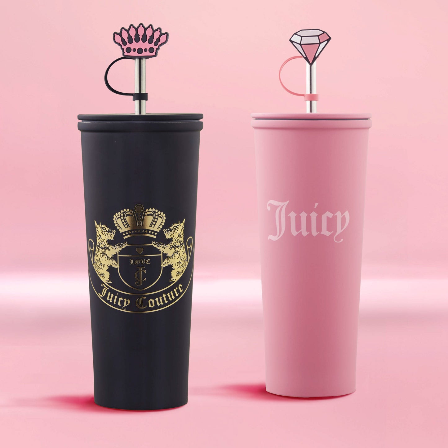 The Couture Hydration Stainless Steel Tumbler Cup 6-Piece Set features stylish black and pink tumblers with chic toppers, displayed on a pink gradient background—making it the perfect luxury gift set.