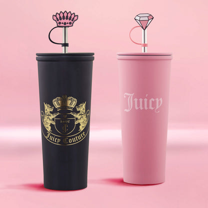 The Couture Hydration Stainless Steel Tumbler Cup 6-Piece Set features stylish black and pink tumblers with chic toppers, displayed on a pink gradient background—making it the perfect luxury gift set.