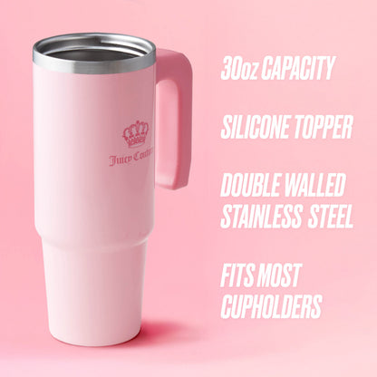 The Jetsetter Hydration Stainless Steel Tumbler with Neoprene Crossbody Pouch is shown in large pink, featuring a handle, logo, metal rim, 30oz capacity, silicone topper, double-walled steel build, and fits cupholders with ease.