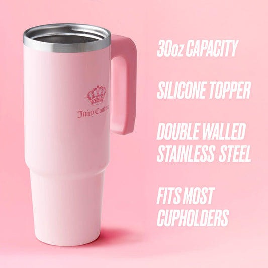 The Jetsetter Hydration Stainless Steel Tumbler with Neoprene Crossbody Pouch is shown in large pink, featuring a handle, logo, metal rim, 30oz capacity, silicone topper, double-walled steel build, and fits cupholders with ease.