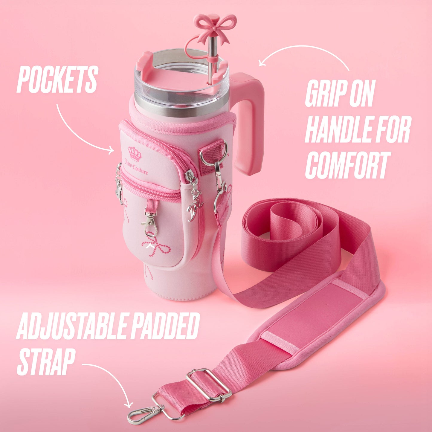 The Jetsetter Hydration Stainless Steel Tumbler in pink comes with a lid, straw, and a matching neoprene crossbody pouch featuring zippered pockets, comfy grip handle, and adjustable padded strap with metal clips—highlighting every stylish detail.