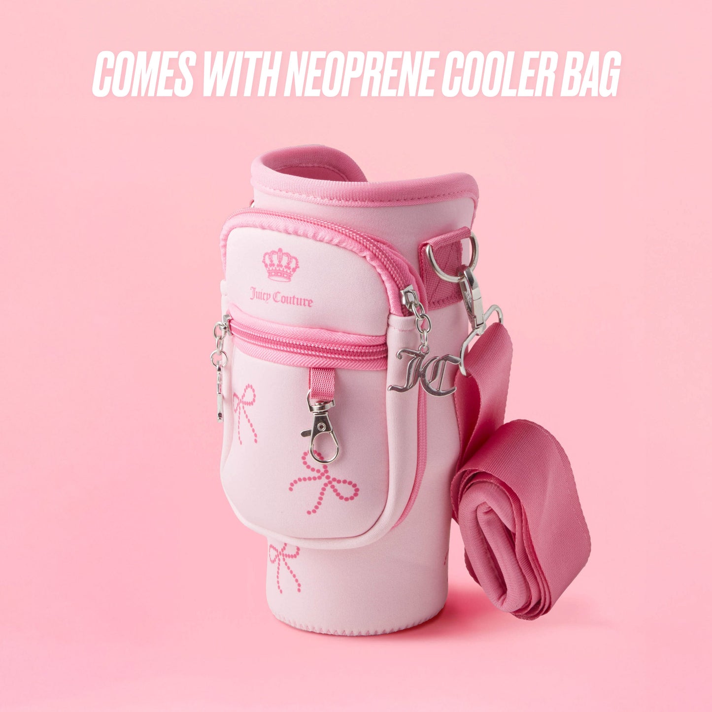 The Jetsetter Hydration Stainless Steel Tumbler comes with a pink neoprene crossbody pouch featuring a zipper, detachable strap, keychain, and crown logo. Displayed on pastel pink. Text above reads: Comes with neoprene crossbody pouch.