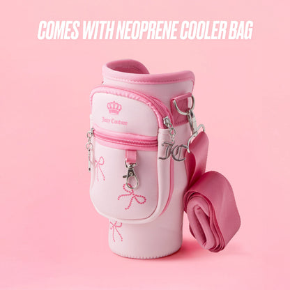 The Jetsetter Hydration Stainless Steel Tumbler comes with a pink neoprene crossbody pouch featuring a zipper, detachable strap, keychain, and crown logo. Displayed on pastel pink. Text above reads: Comes with neoprene crossbody pouch.