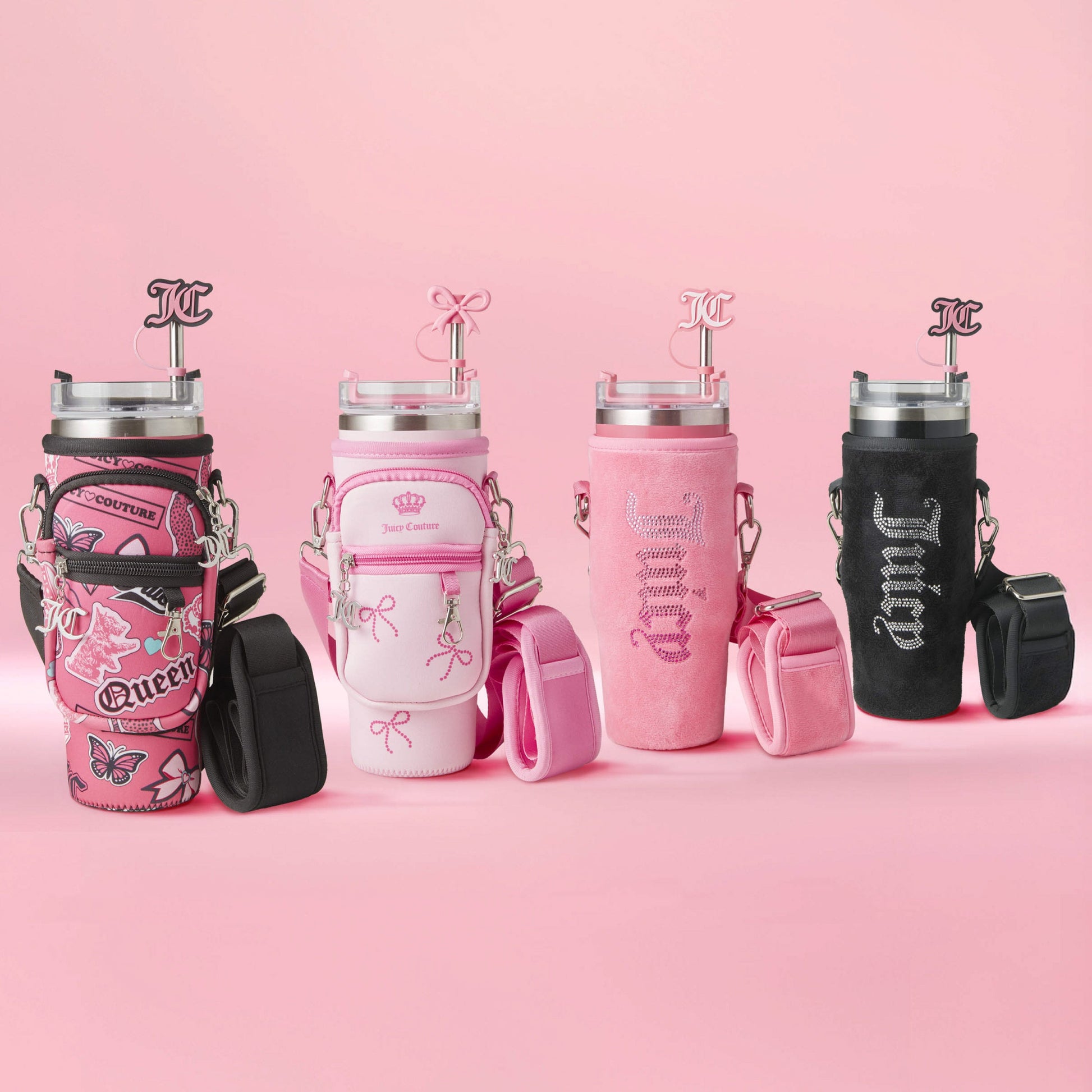Four Jetsetter Hydration Stainless Steel Tumblers with pink-themed Juicy Couture neoprene crossbody pouches and matching straps, each featuring unique designs, are displayed side by side—ideal for stylish hydration on the go.