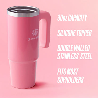 A pink Jetsetter Hydration Stainless Steel Tumbler with handle and stainless rim is shown on a pink background. Features: 30oz capacity, silicone topper, double-wall stainless steel, neoprene crossbody pouch, fits most cupholders.
