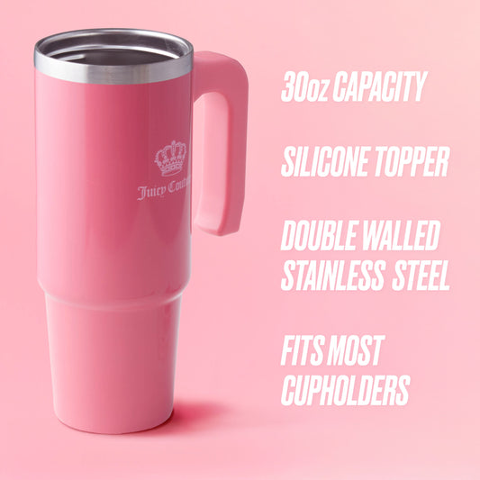 A pink Jetsetter Hydration Stainless Steel Tumbler with handle and stainless rim is shown on a pink background. Features: 30oz capacity, silicone topper, double-wall stainless steel, neoprene crossbody pouch, fits most cupholders.