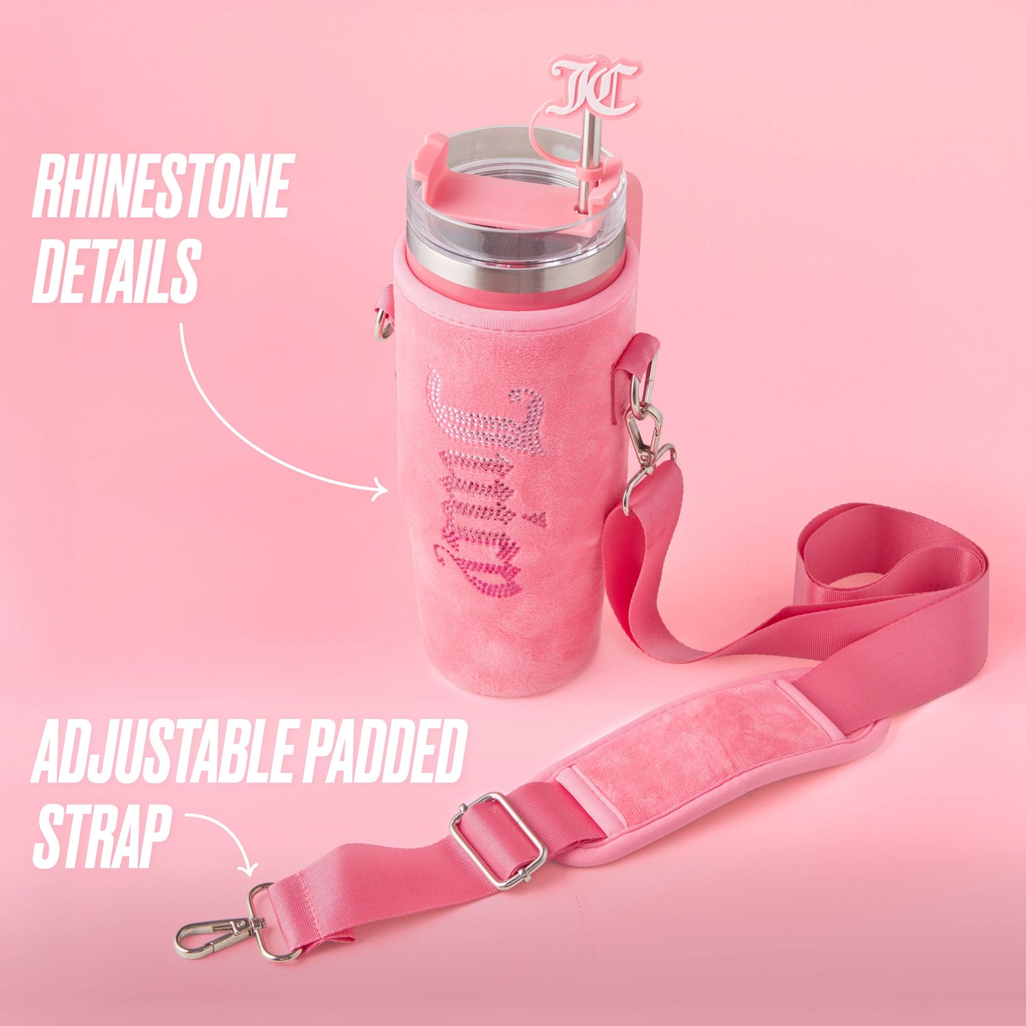 The Jetsetter Hydration Stainless Steel Tumbler with Neoprene Crossbody Pouch features sparkling rhinestone details, a silver lid, pink straw charm, and adjustable pink strap, shown stylishly on a pink background.