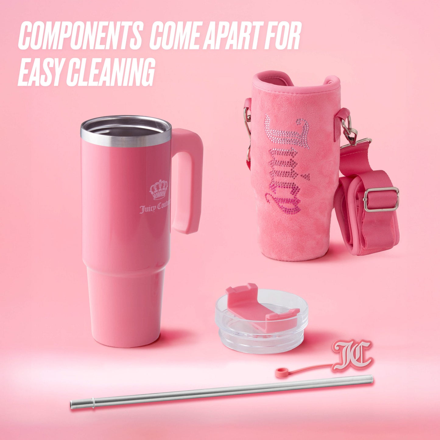 The Jetsetter Hydration Stainless Steel Tumbler with Neoprene Crossbody Pouch is shown on a pink background, featuring a handled travel tumbler, clear lid, reusable straw with decorative tip, and fuzzy pouch. All parts separate for easy cleaning.
