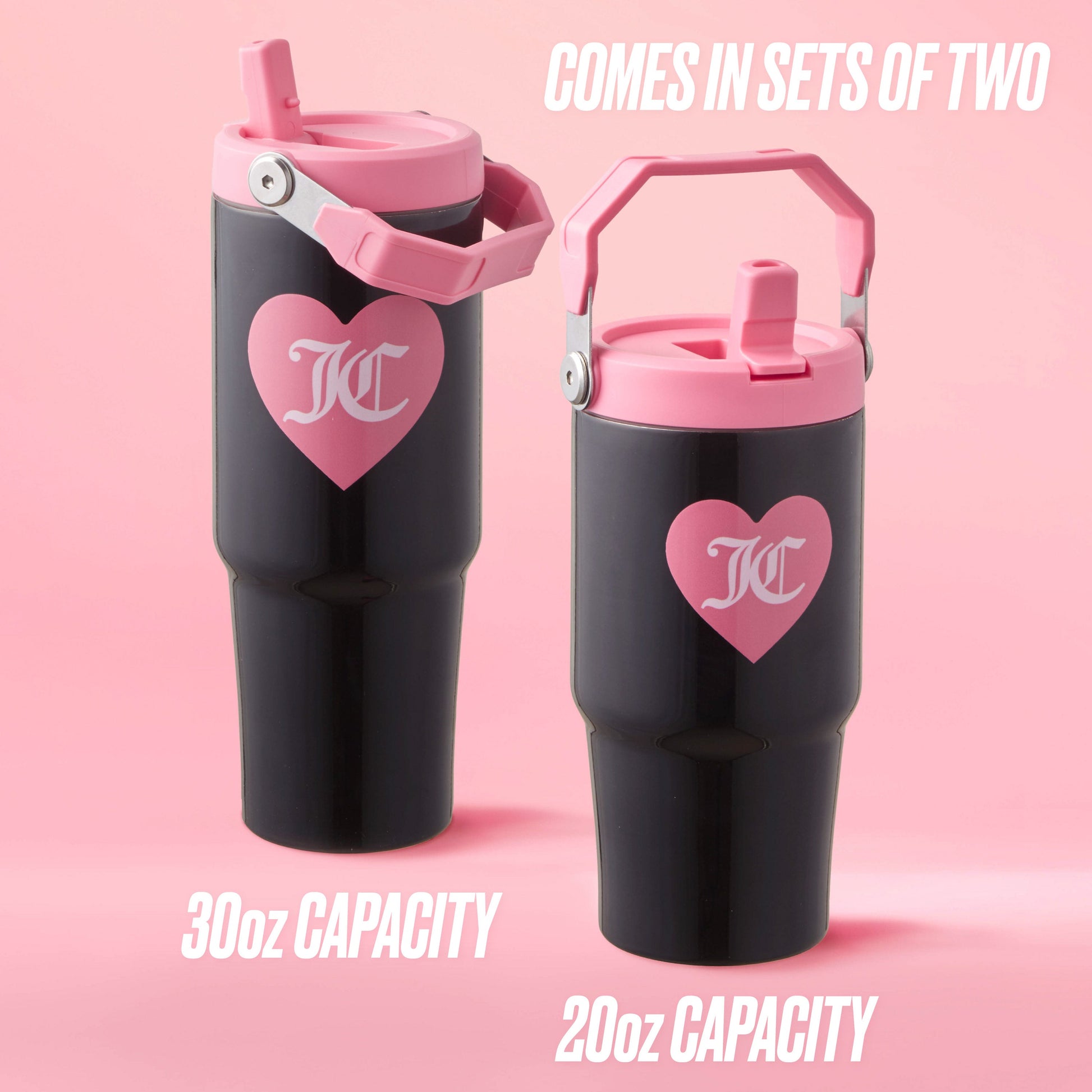 Two Flip Flow Hydration Stainless Steel Tumbler Cups—one 30oz, one 20oz—feature pink lids and heart logos. This mommy and me set is perfect for stylish drinks on the go and stands out against a pink background.