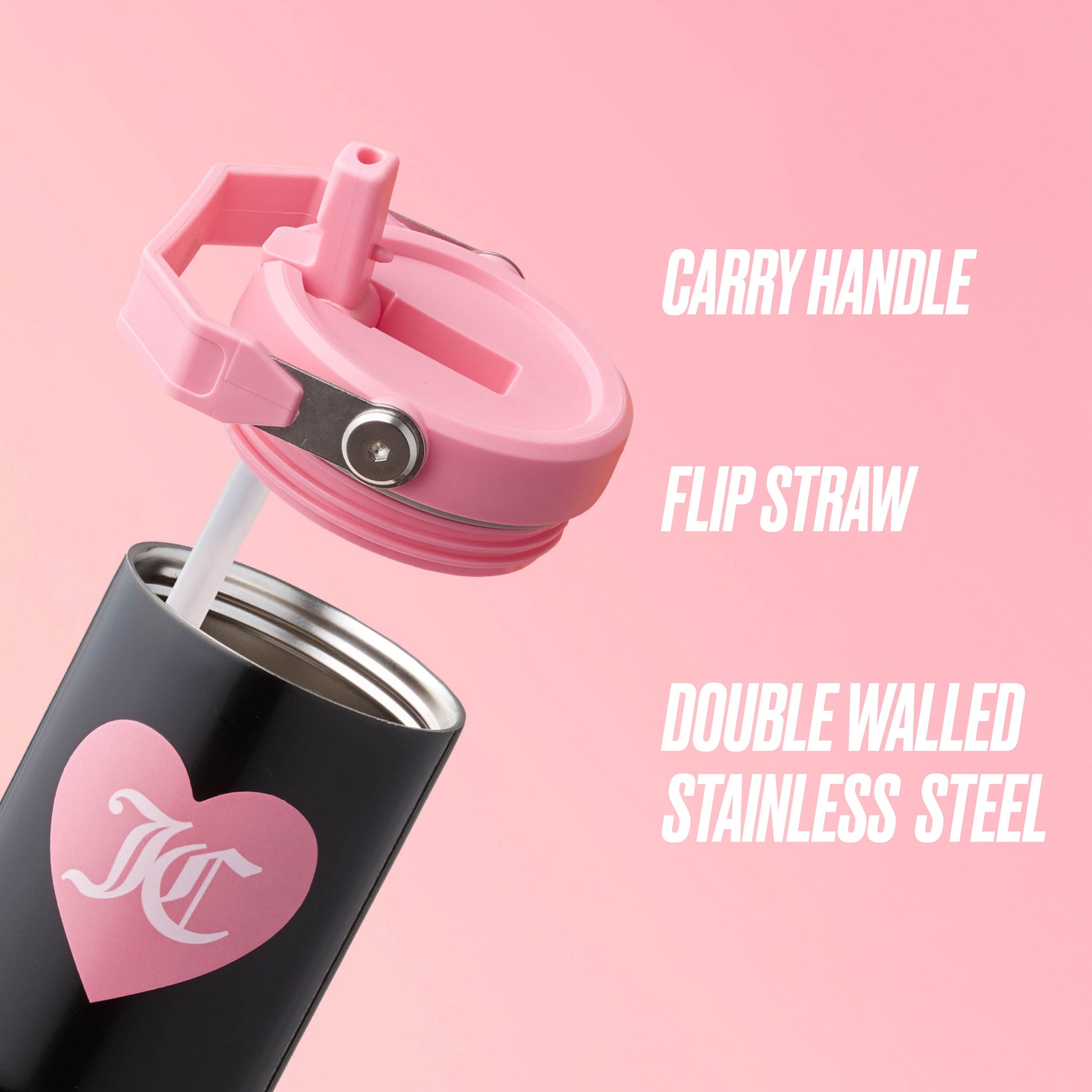 The Flip Flow Hydration Stainless Steel Tumbler Cup 2-Pack includes black Juicy Couture travel mugs with pink lids, flip straws, carry handles, a heart logo, and double-walled insulation—ideal for gifts or matching "mommy and me" sets.