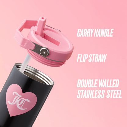 The Flip Flow Hydration Stainless Steel Tumbler Cup 2-Pack includes black Juicy Couture travel mugs with pink lids, flip straws, carry handles, a heart logo, and double-walled insulation—ideal for gifts or matching "mommy and me" sets.