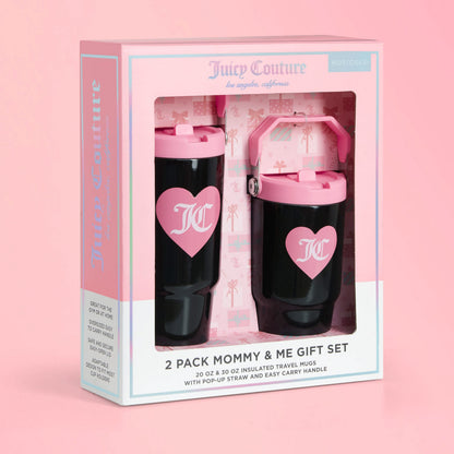 A boxed Flip Flow Hydration Stainless Steel Tumbler Cup 2-Pack, featuring two black insulated mugs with pink lids, handles, and heart logos, is displayed against a pink background. Packaging highlights their hot/cold insulation.