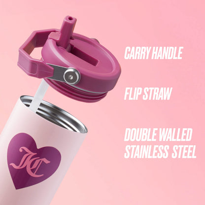 The Flip Flow Hydration Stainless Steel Tumbler Cup 2-Pack includes pink and white tumblers with heart logos, carry handles, and flip straws—double walled for hot or cold drinks. Perfect as a mommy and me gift set!.
