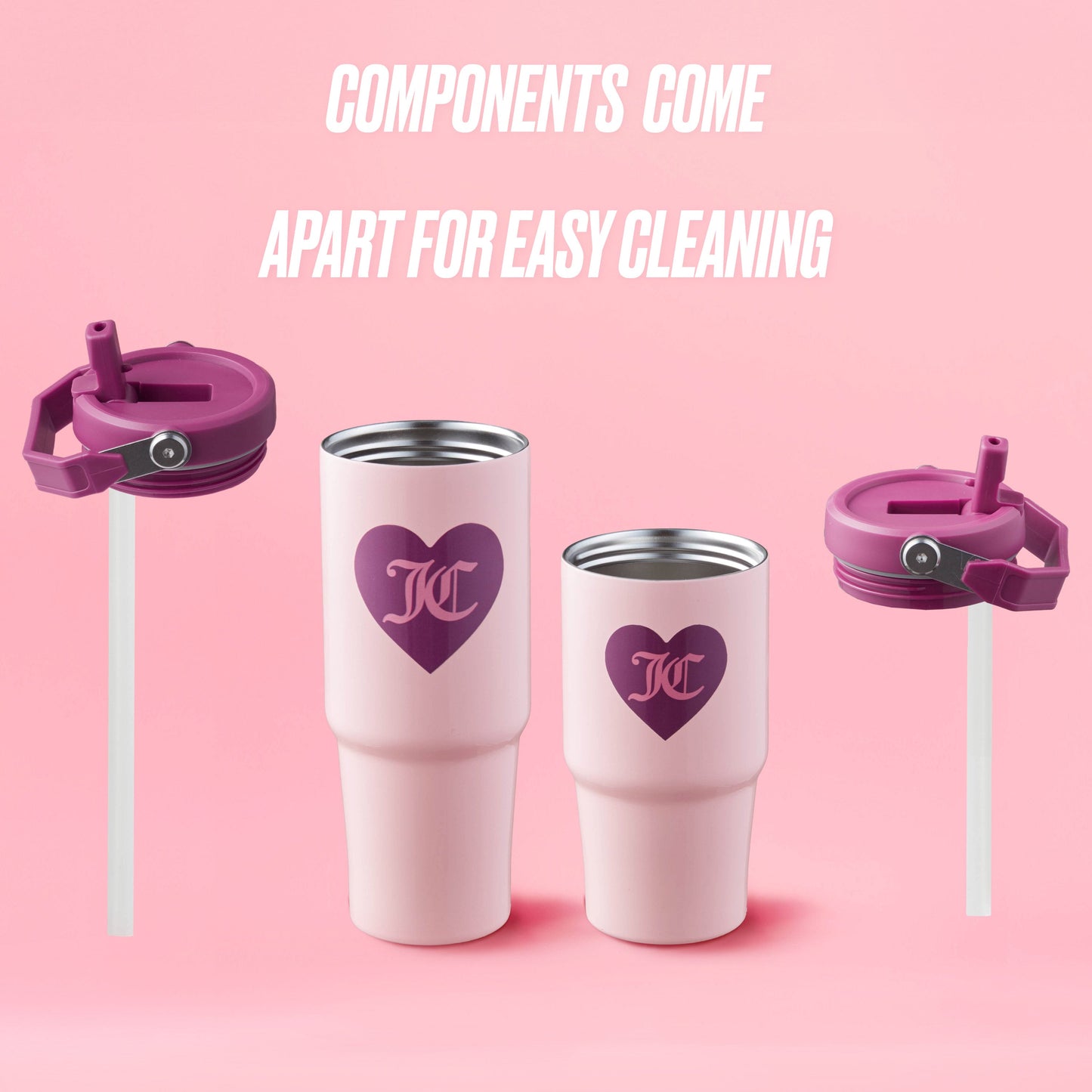 Two Flip Flow Hydration Stainless Steel Tumbler Cups with heart logos and detachable mauve lids and straws sit on a pink background. Text above reads, Components come apart for easy cleaning—perfect for gifting as a set.