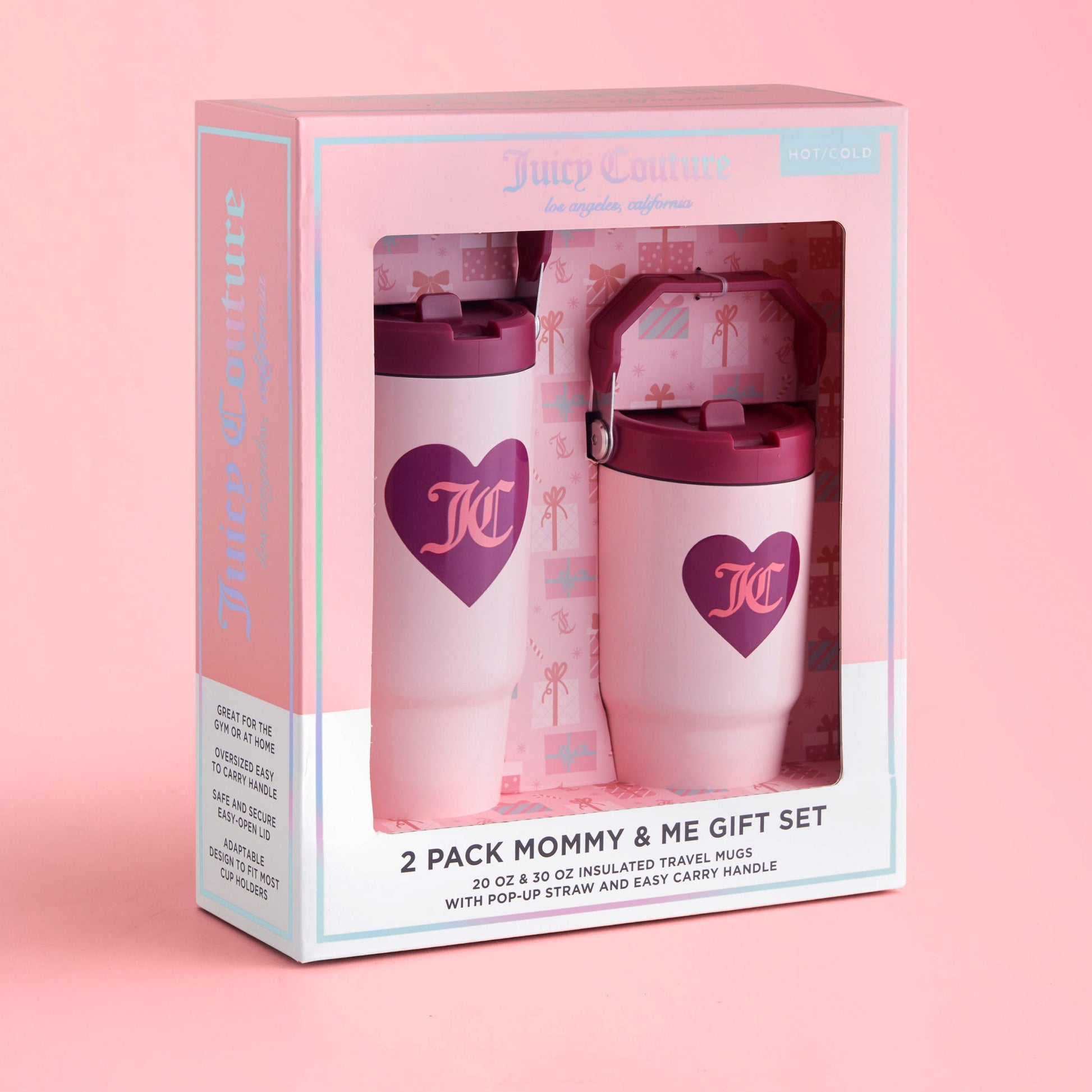 Flip Flow Hydration Stainless Steel Tumbler Cup 2-Pack gift set features two pink and white tumblers in a pink box, perfect for sharing drinks and special moments together.