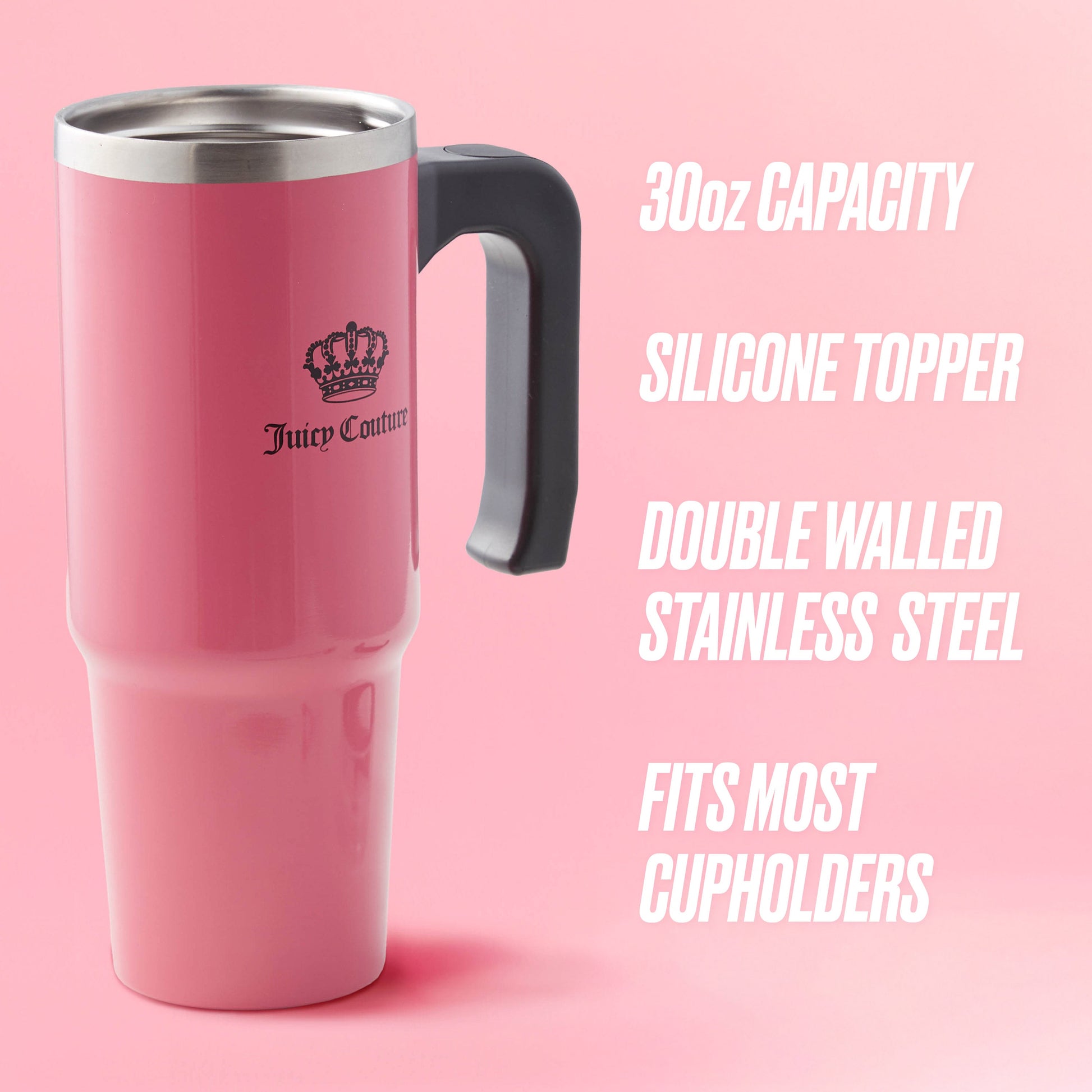 The Jetsetter Hydration Stainless Steel Tumbler with Neoprene Crossbody Pouch is shown in pink. Features include a 30oz capacity, handle, silicone topper, double-walled stainless steel, cupholder-friendly size—your ideal travel companion.