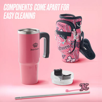 The Jetsetter Hydration Stainless Steel Tumbler with Neoprene Crossbody Pouch is shown in pink with a handle, floral case, clear lid, metal straw, and pink topper. Components come apart for easy cleaning—a stylish travel tumbler.