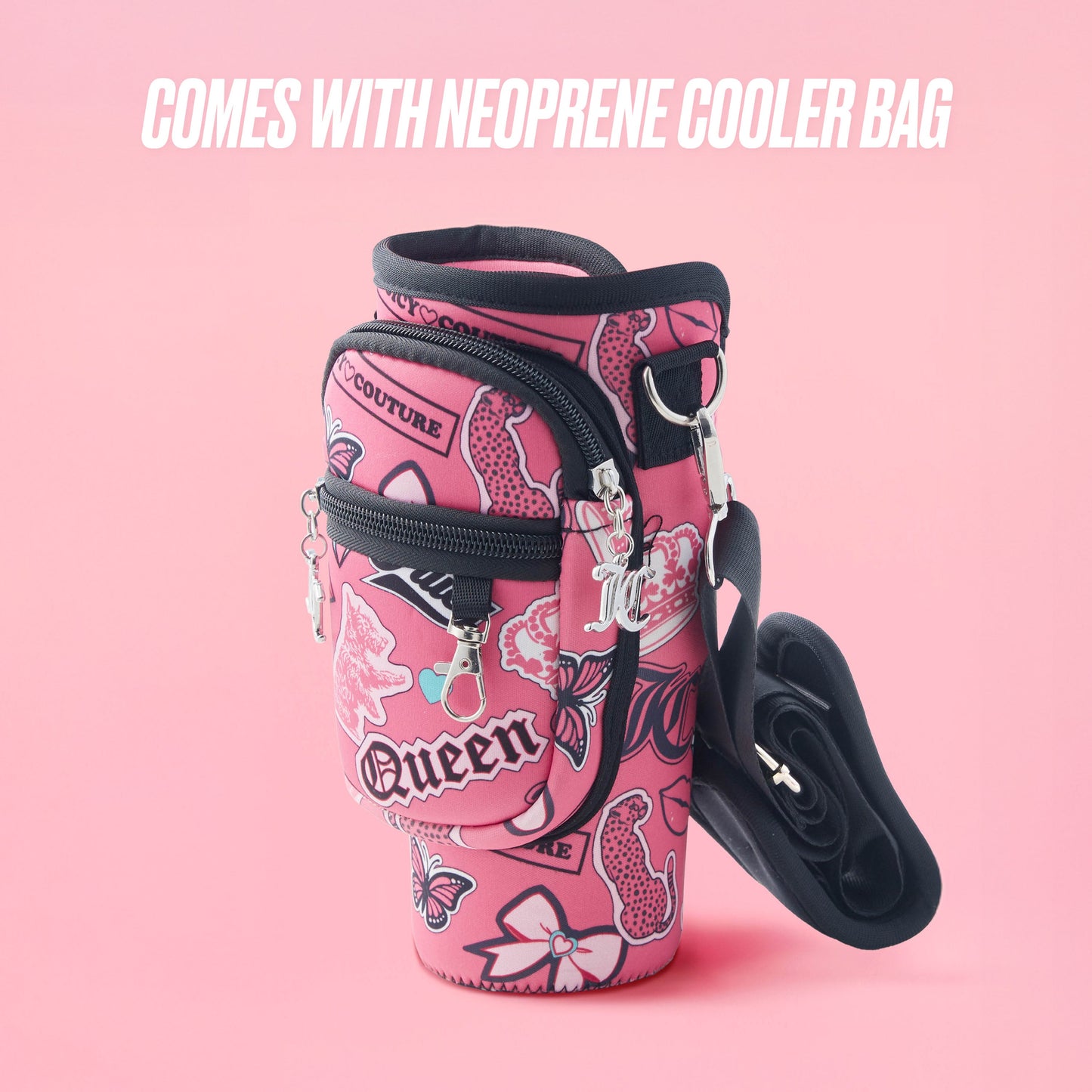 A Jetsetter Hydration Stainless Steel Tumbler with a pink and black patterned neoprene crossbody pouch, featuring zippered compartments and a shoulder strap. Displayed on a light pink background with text: Comes with neoprene cooler bag.