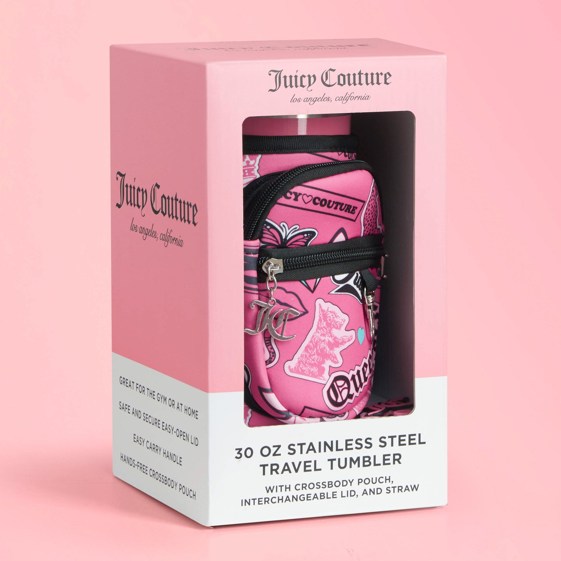 The Jetsetter Hydration Stainless Steel Tumbler with Neoprene Crossbody Pouch set includes a 30 oz tumbler with handle, interchangeable lid, straw, pink box, logo packaging, and a matching pouch.