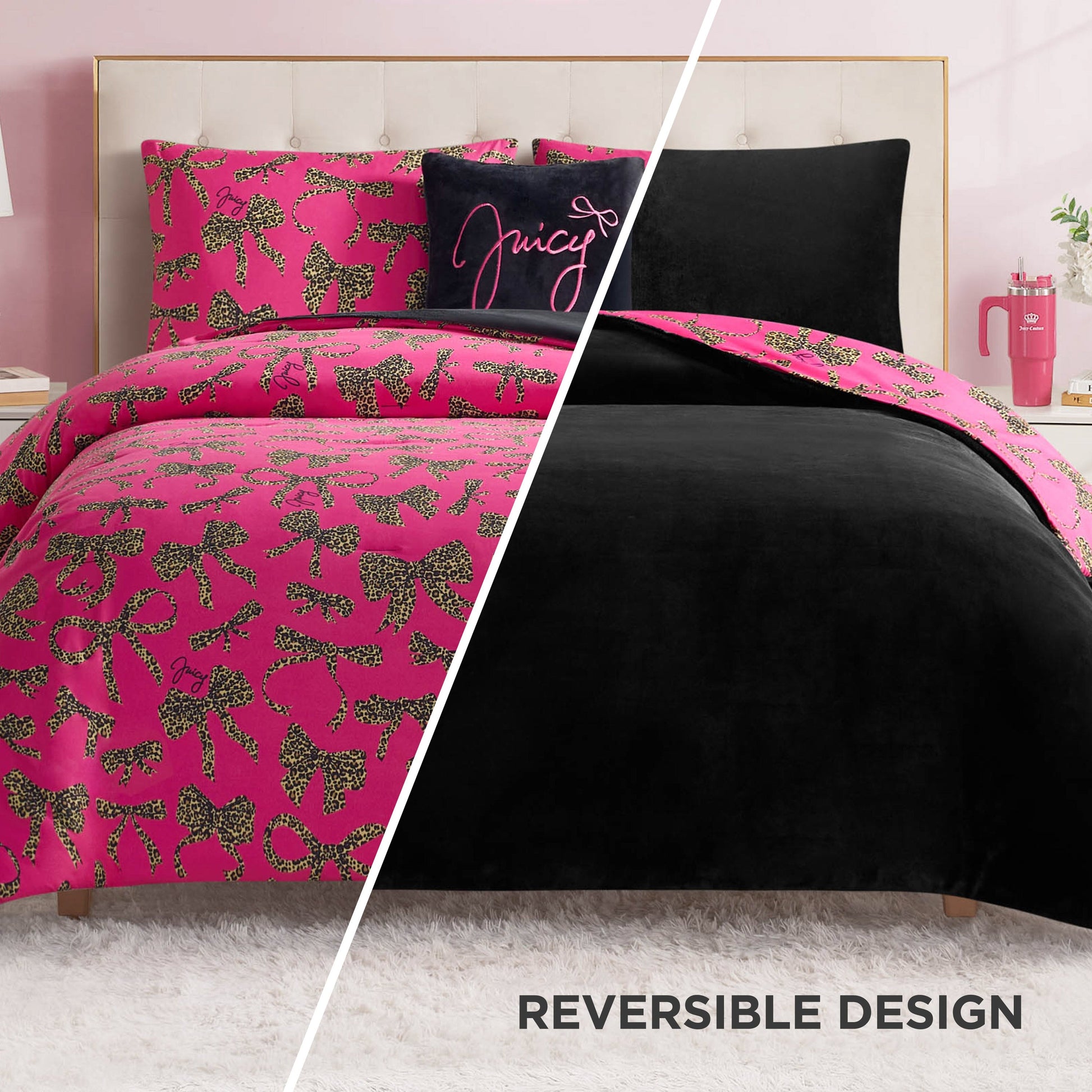 Solid Plush Reversible Cheetah Bows Comforter Set - Black/Cheetah Bows - Juicy Couture
