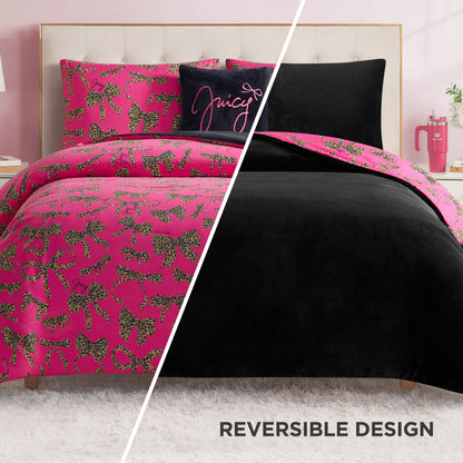 Solid Plush Reversible Cheetah Bows Comforter Set - Black/Cheetah Bows - Juicy Couture