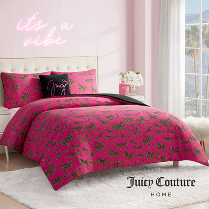Solid Plush Reversible Cheetah Bows Comforter Set - Black/Cheetah Bows - Juicy Couture