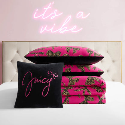 Solid Plush Reversible Cheetah Bows Comforter Set - Black/Cheetah Bows - Juicy Couture