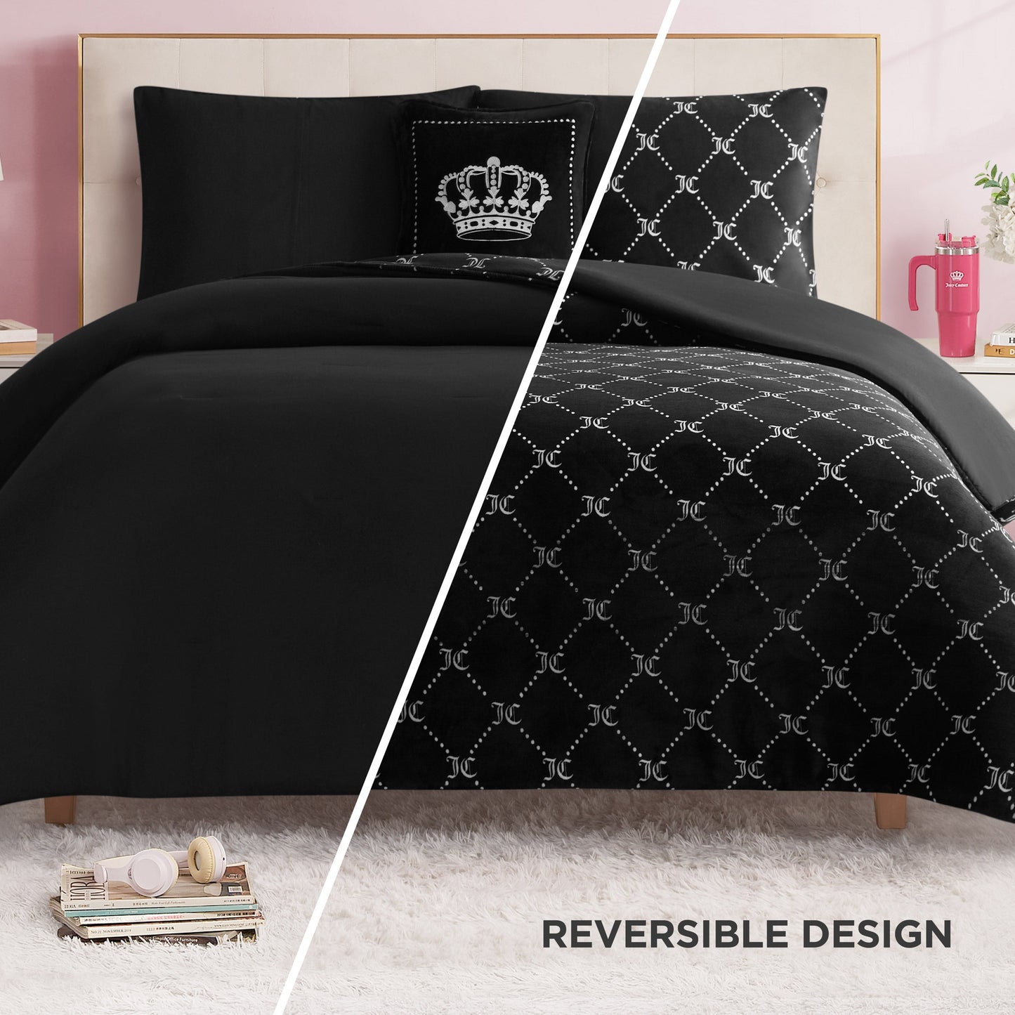 Plush Trellis Link Reversible Comforter Set - Black Trellis Link - Juicy Couture