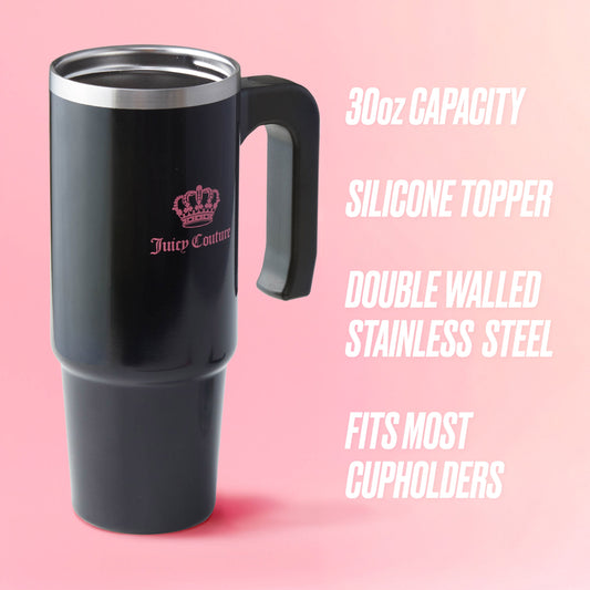 The Jetsetter Hydration Stainless Steel Tumbler with Neoprene Crossbody Pouch is shown in black with a handle, against a pink background. Text reads: 30oz, silicone topper, double wall stainless steel, fits most cupholders—your perfect travel tumbler.
