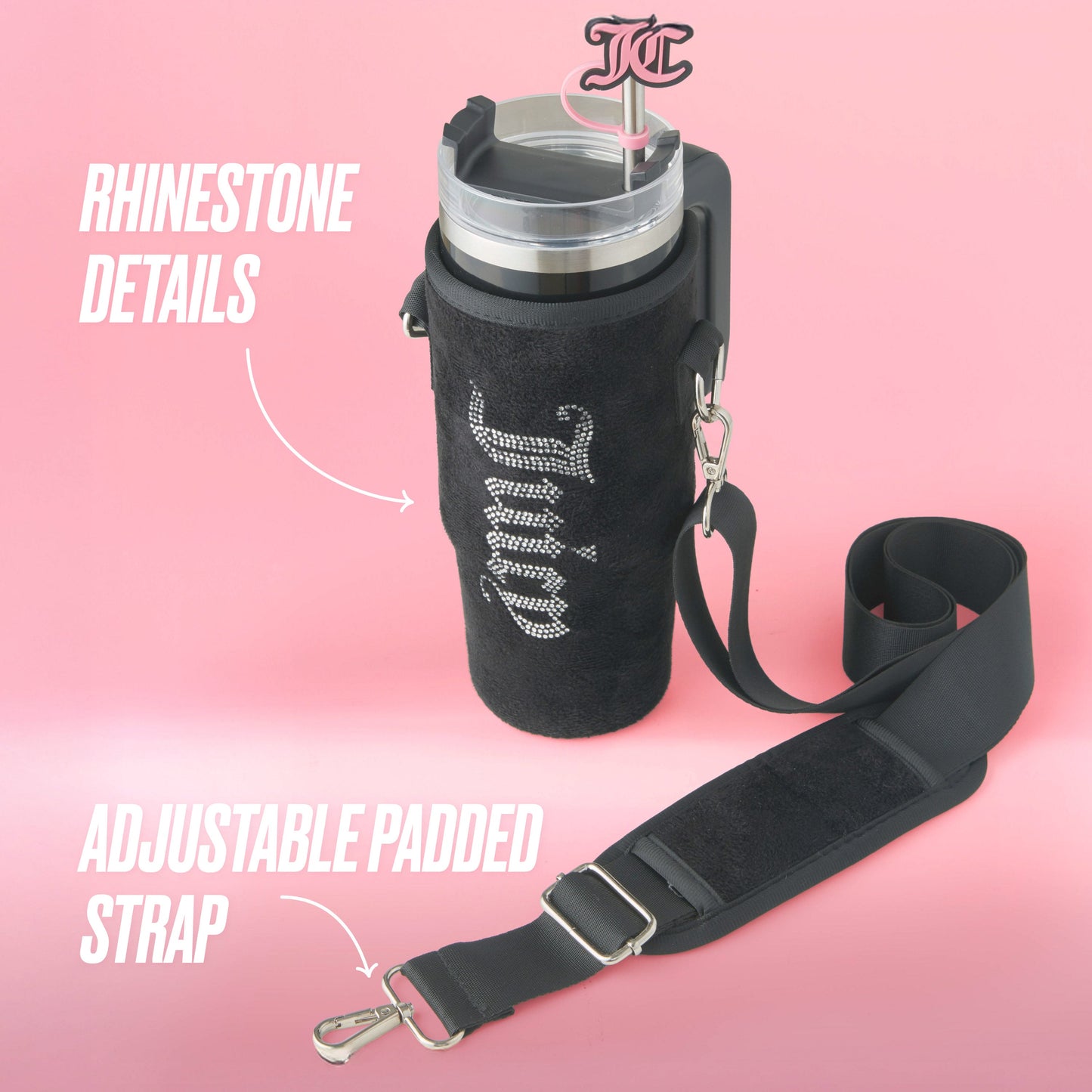 The Jetsetter Hydration Stainless Steel Tumbler with Neoprene Crossbody Pouch features rhinestone text, a JC logo straw, and an adjustable padded black strap. It sits on a pink background, blending style and comfort for travel hydration.