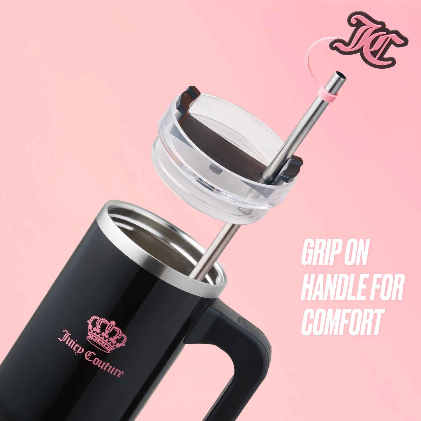 The Jetsetter Hydration Stainless Steel Tumbler with Neoprene Crossbody Pouch, featuring a black design, handle, open lid, and reusable straw, sits against a pink background with the Juicy Couture logo and “GRIP ON HANDLE FOR COMFORT” text.