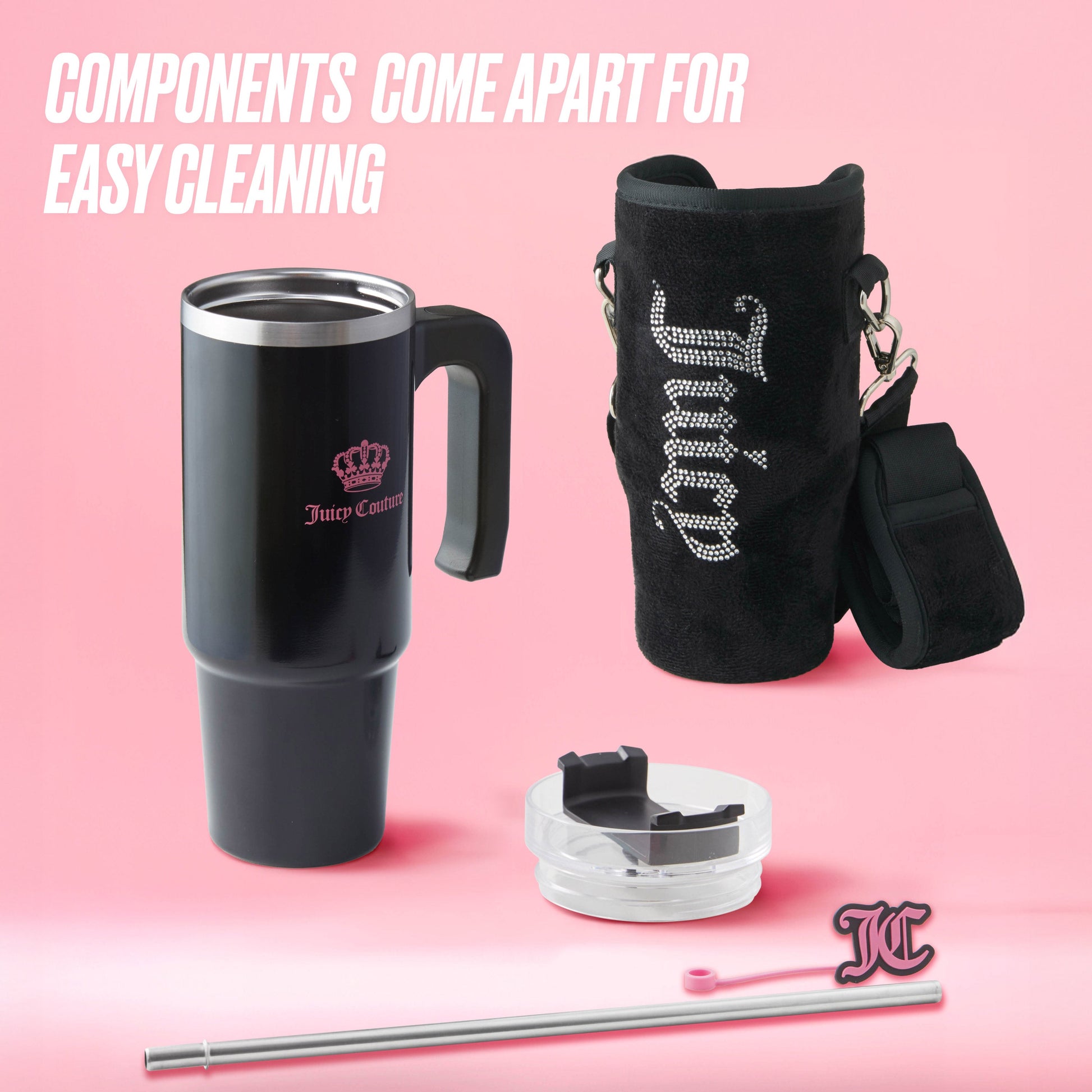 Jetsetter Hydration Stainless Steel Tumbler with handle features a clear lid, silver straw with pink tip, and black neoprene crossbody pouch. Components come apart for easy cleaning on a pink background.