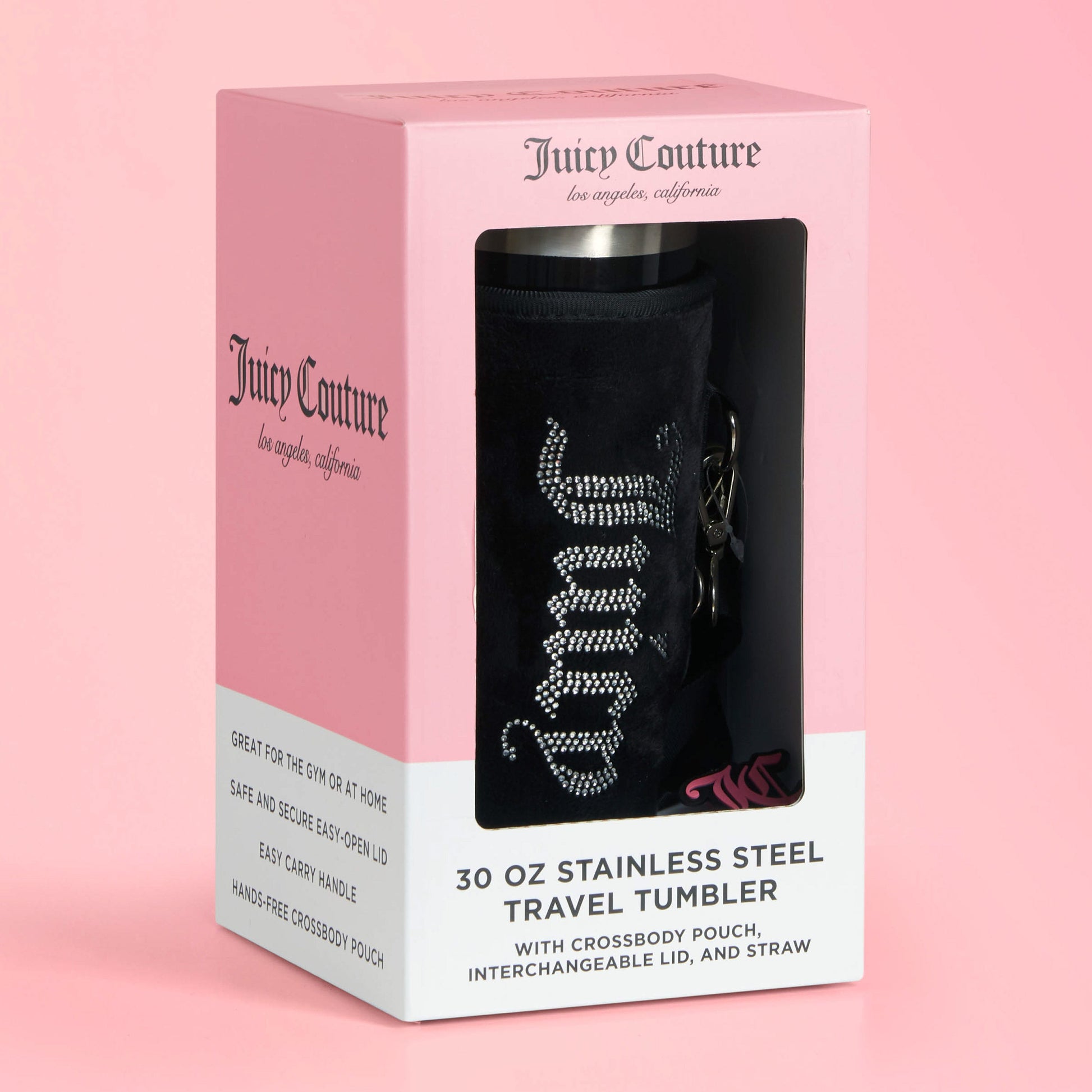 The Jetsetter Hydration Stainless Steel Tumbler (30 oz) comes in a pink box with a neoprene crossbody pouch featuring rhinestone lettering, handle, and straw; packaging showcases its features and brand.