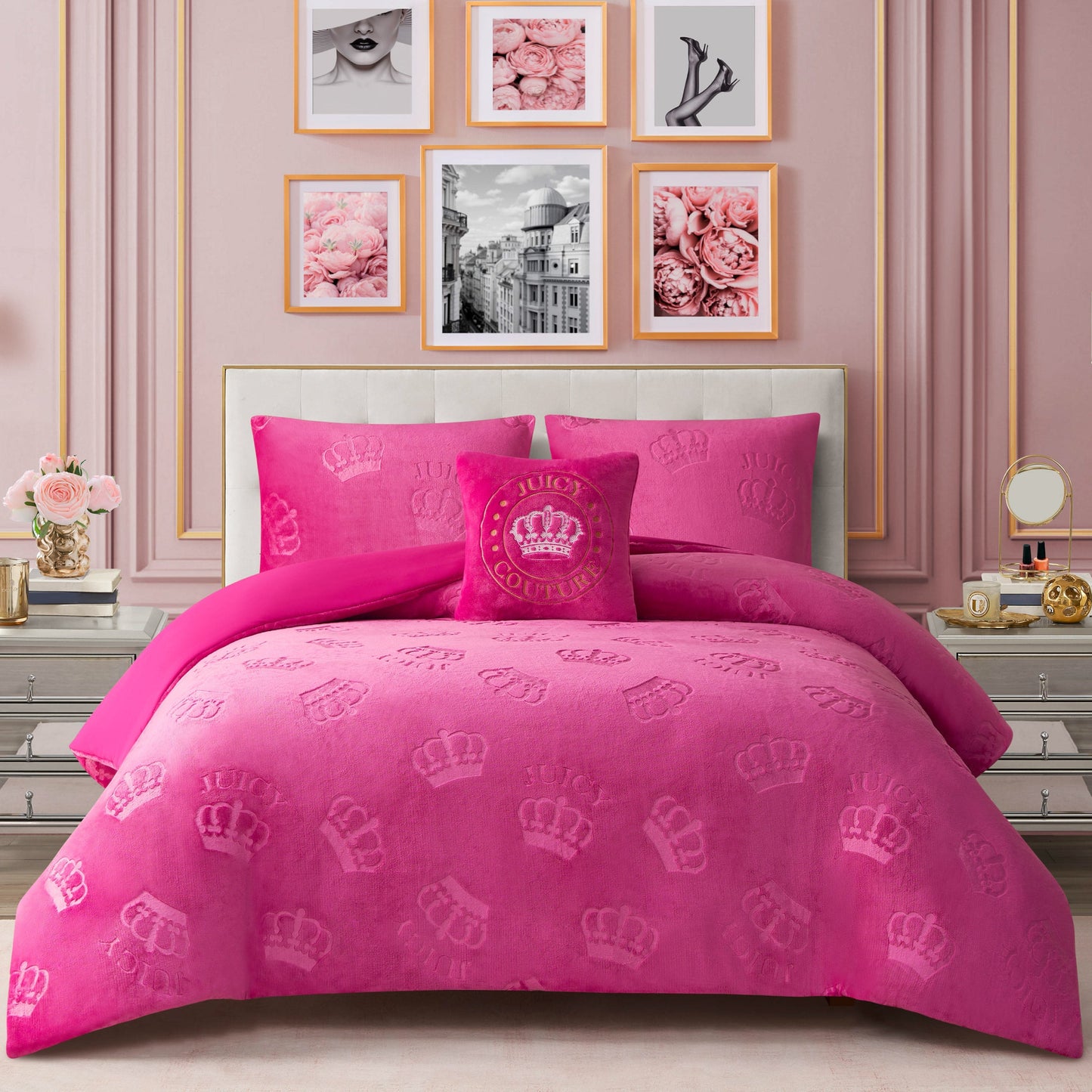 Embossed Plush Crown Comforter Set - Hot Pink Crown - Juicy Couture