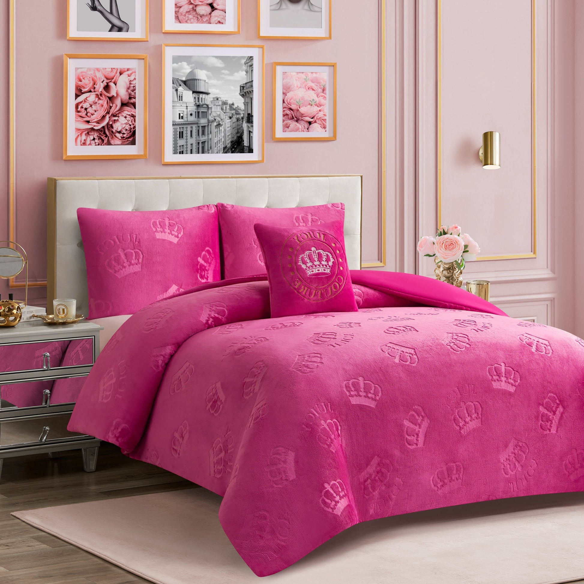 Embossed Plush Crown Comforter Set - Hot Pink Crown - Juicy Couture