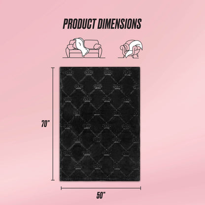 A graphic displays the Embossed Plush Throw Blanket—a black, subtly patterned rectangle labeled 70" x 50". Sofa and person rolling icons are above on a pink gradient background, echoing the style of a Juicy Couture throw.