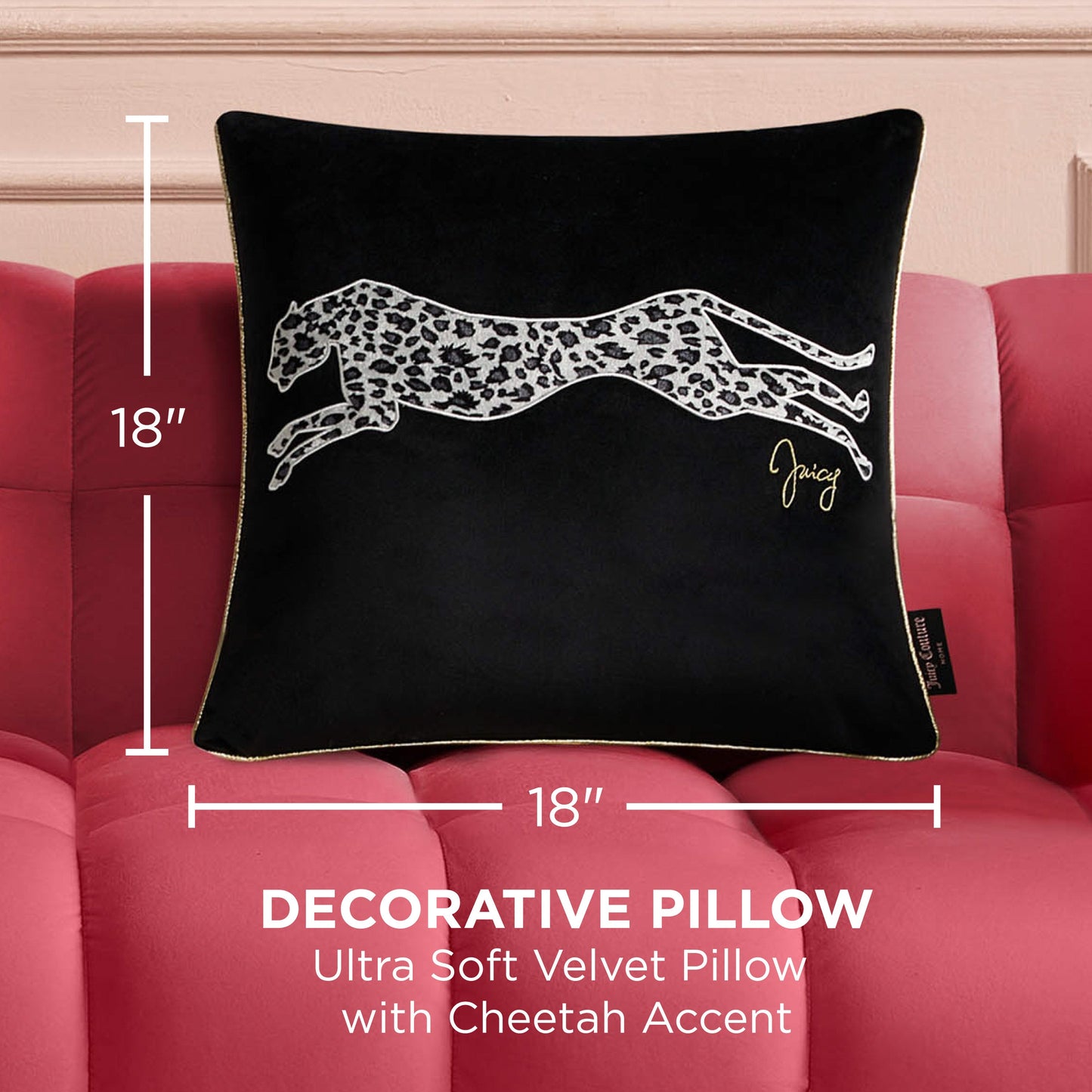 A Velvet Cheetah Square Pillow, featuring a white cheetah design and gold signature on black velvet (18x18 inches), rests on a pink tufted sofa. Text reads: "Ultra soft decorative pillow with cheetah accent.