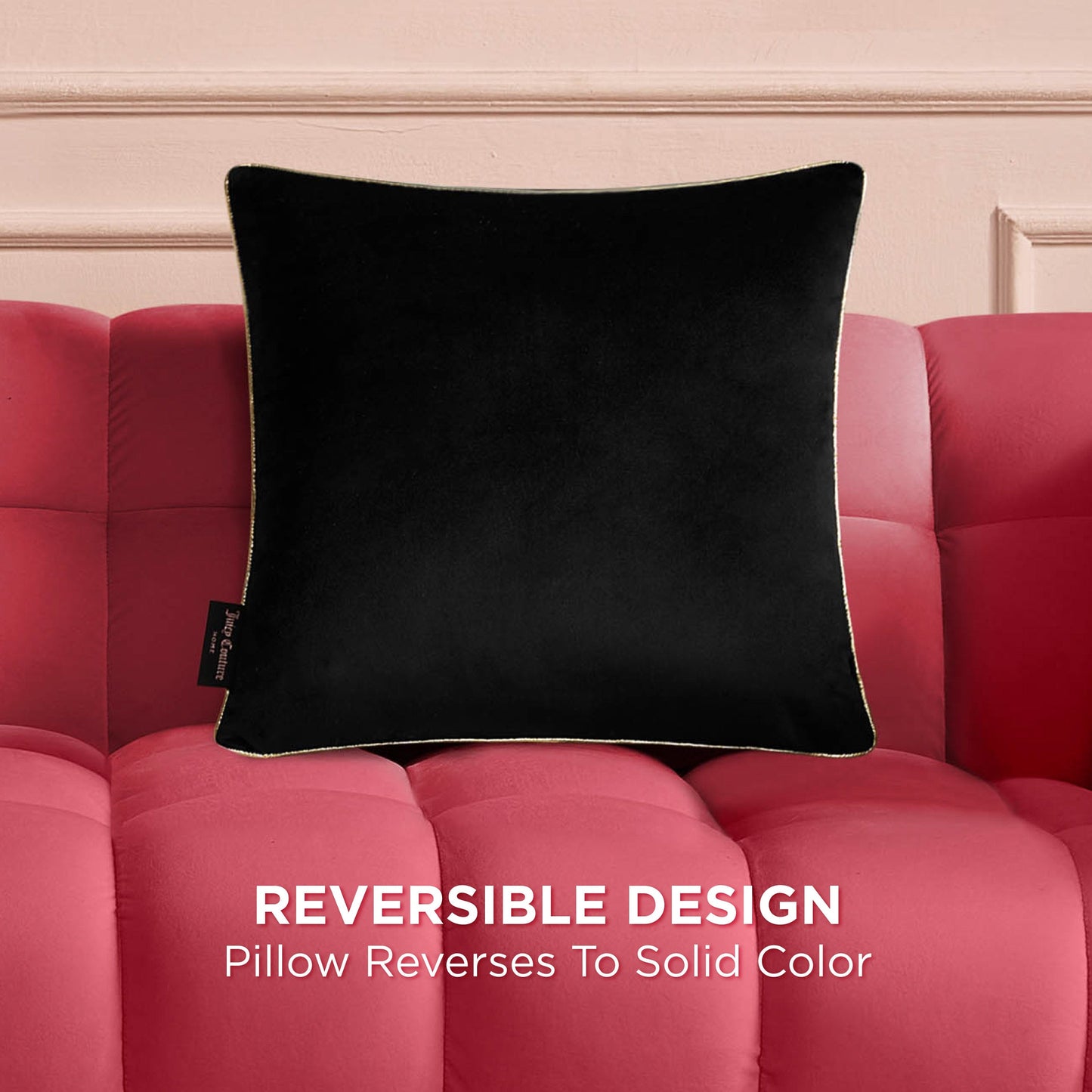 A Velvet Cheetah Square Pillow with light piping sits on a pink tufted sofa. The text on the image reads, REVERSIBLE DESIGN—pillow reverses to a solid color.