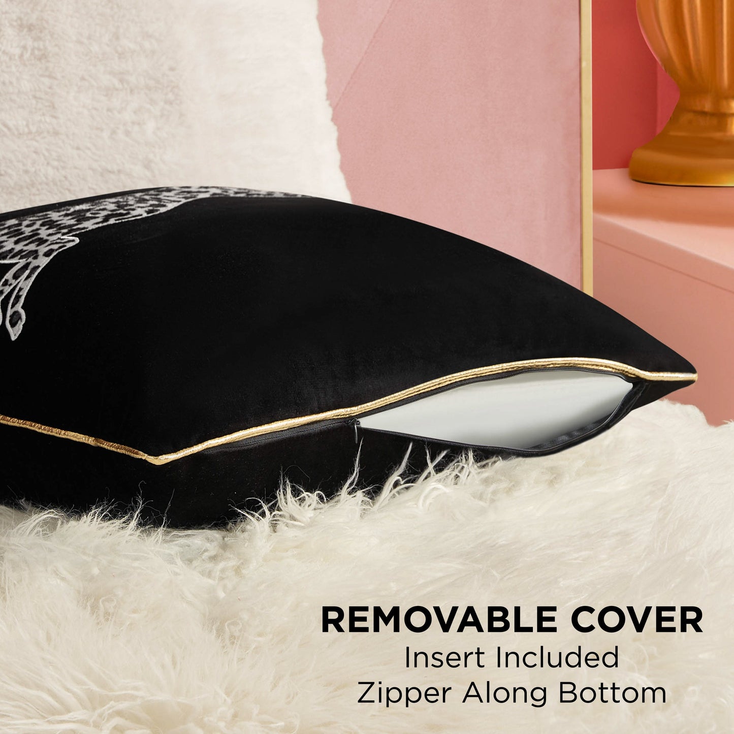 A Velvet Cheetah Square Pillow with gold trim lies on a white furry surface, unzipped to reveal the insert. Text reads: REMOVABLE COVER, Insert Included, Zipper Along Bottom—a chic Juicy Couture accent.
