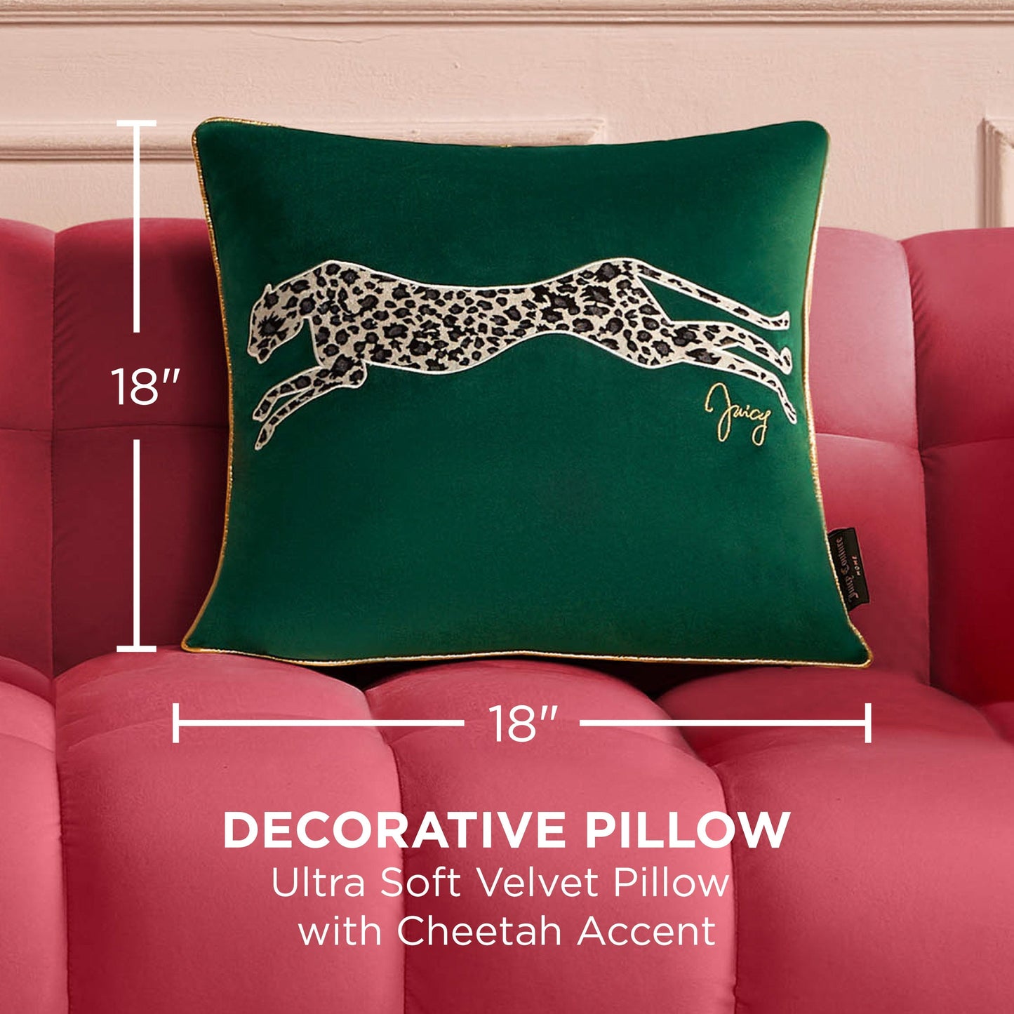 The Velvet Cheetah Square Pillow, measuring 18 inches, features ultra-soft green velvet and a chic cheetah accent, adding a bold touch to your décor.