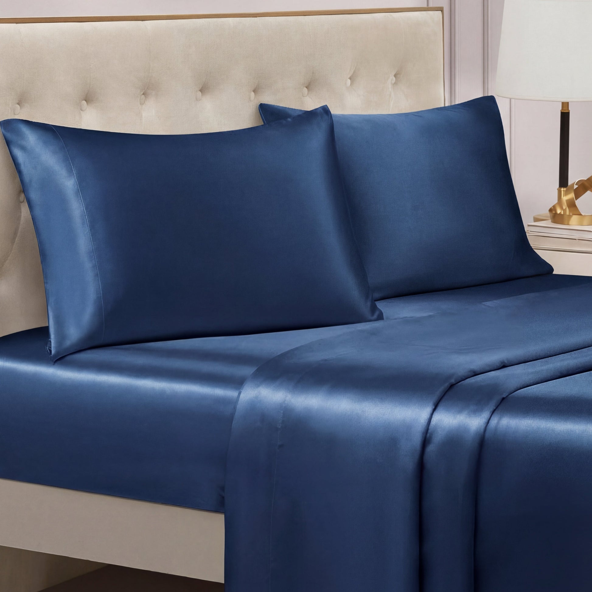 A neatly made bed features the Solid Satin Sheet Set with matching pillowcases and a light beige upholstered headboard in a modern bedroom—ideal for those seeking luxurious satin bedding.