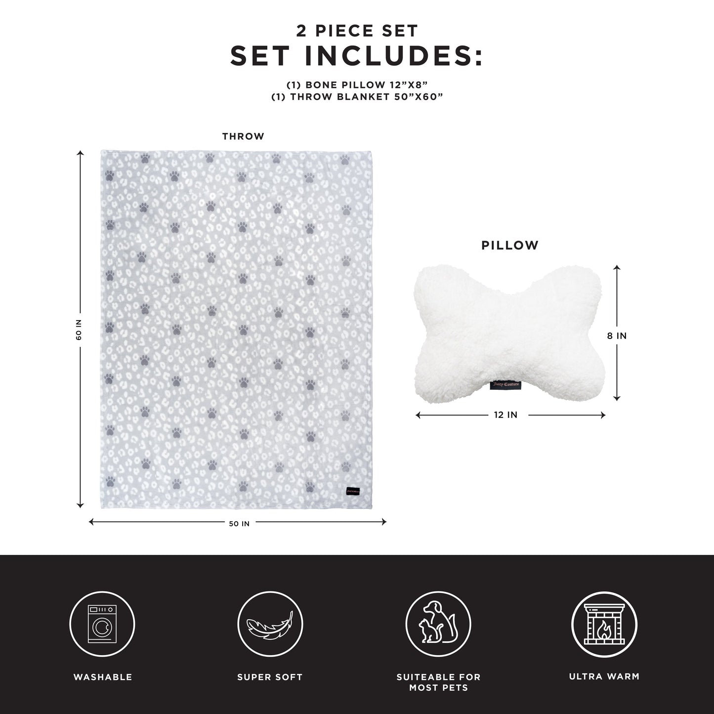 Pet Throw Blanket & Bone Pillow 2-Piece Set - Grey/White - Juicy Couture
