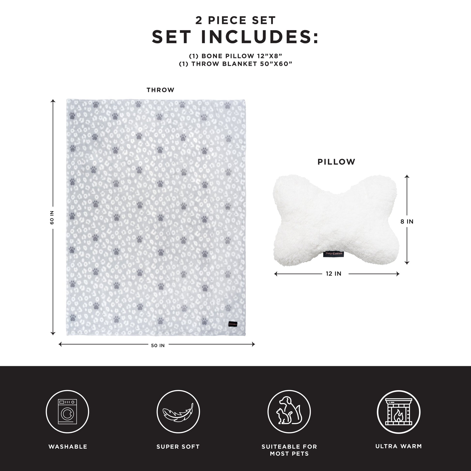 Pet Throw Blanket & Bone Pillow 2-Piece Set - Grey/White - Juicy Couture