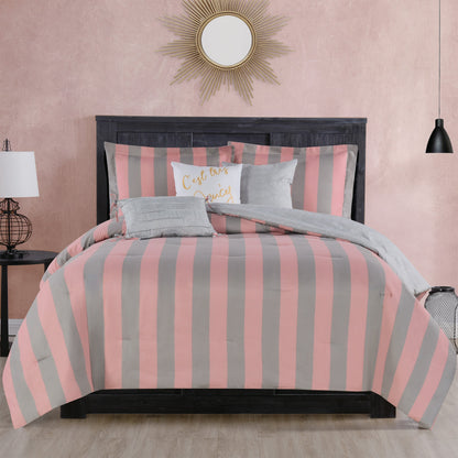 Cabana Striped Reversible Comforter Set - Grey/Pink - Juicy Couture